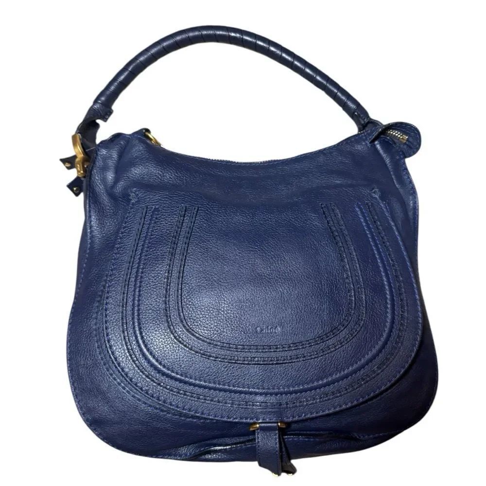 CHLOE Blue Leather Medium Marcie Saddle Top Handle Hobo Shoulder Bag Auth